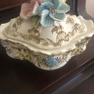 Floral Ceramic Decorative Box Capodimonte Style With Lid And Signed By Artist